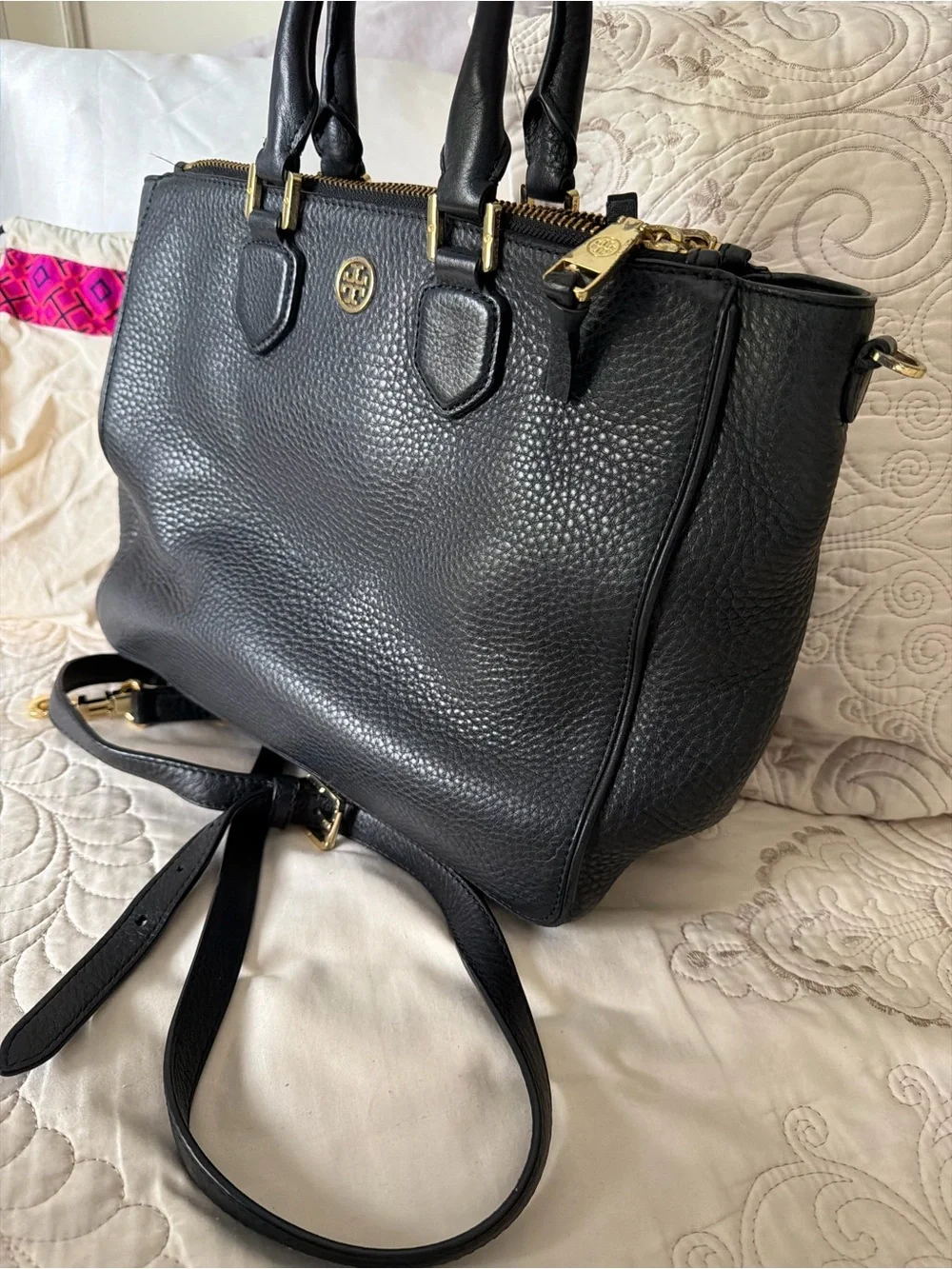 Tory Burch - Black Pebbled Leather Satchel with Gold Hardware - Picture 2 of 15